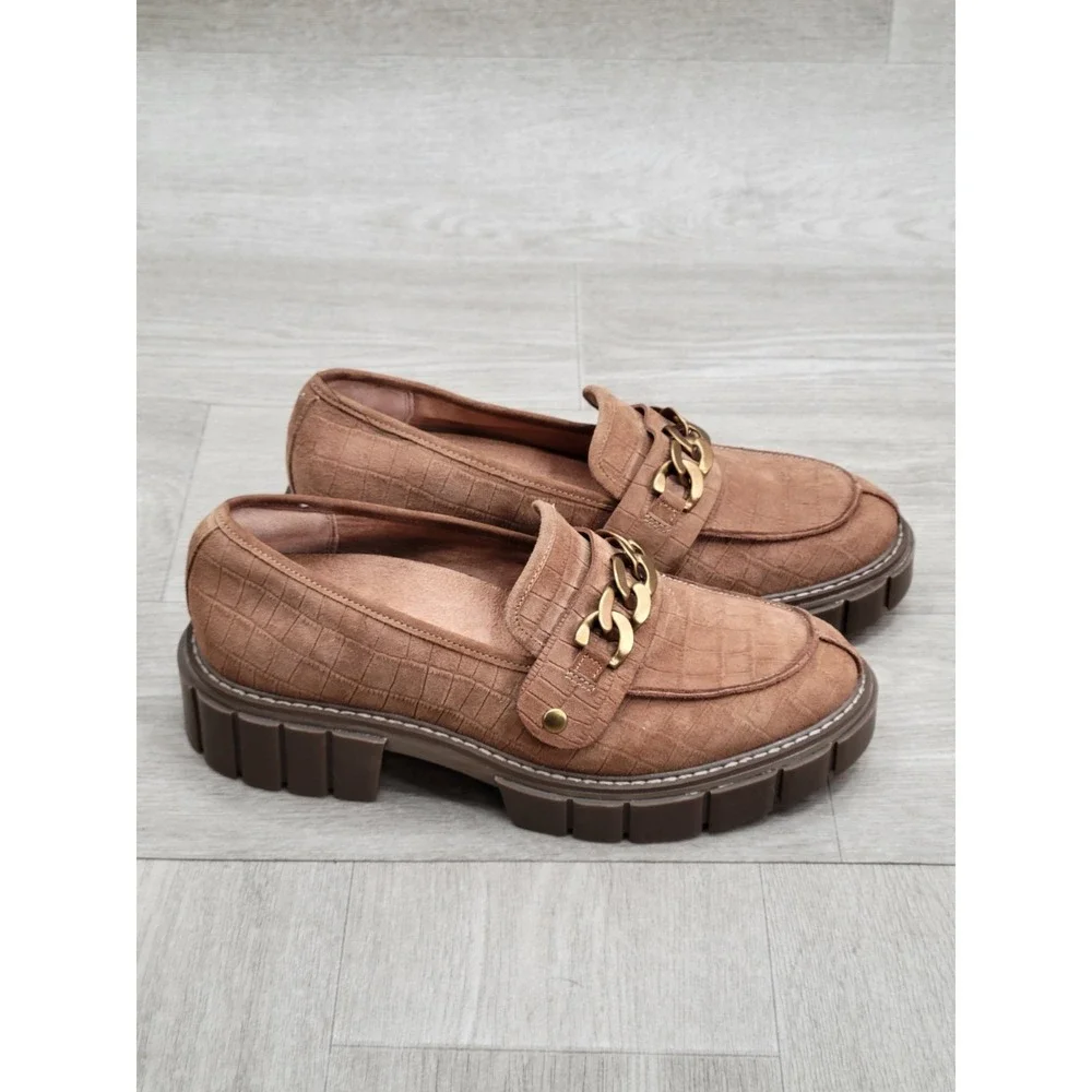 Vionic Elodie Womens 10 Tan Brown Nubuck Platform Penny Loafers Chunky Shoes